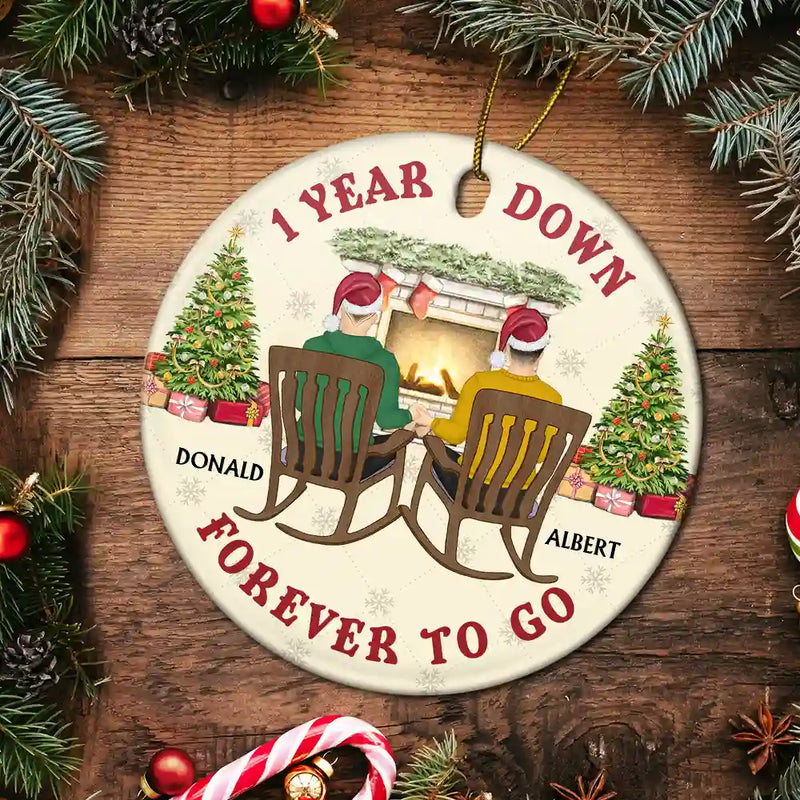 One Year Down Forever To Go Couple Anniversary - Personalized Circle Ceramic Ornament