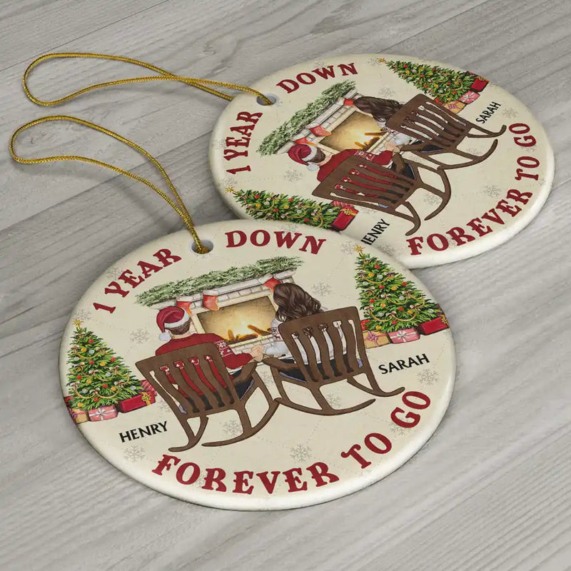 One Year Down Forever To Go Couple Anniversary - Personalized Circle Ceramic Ornament