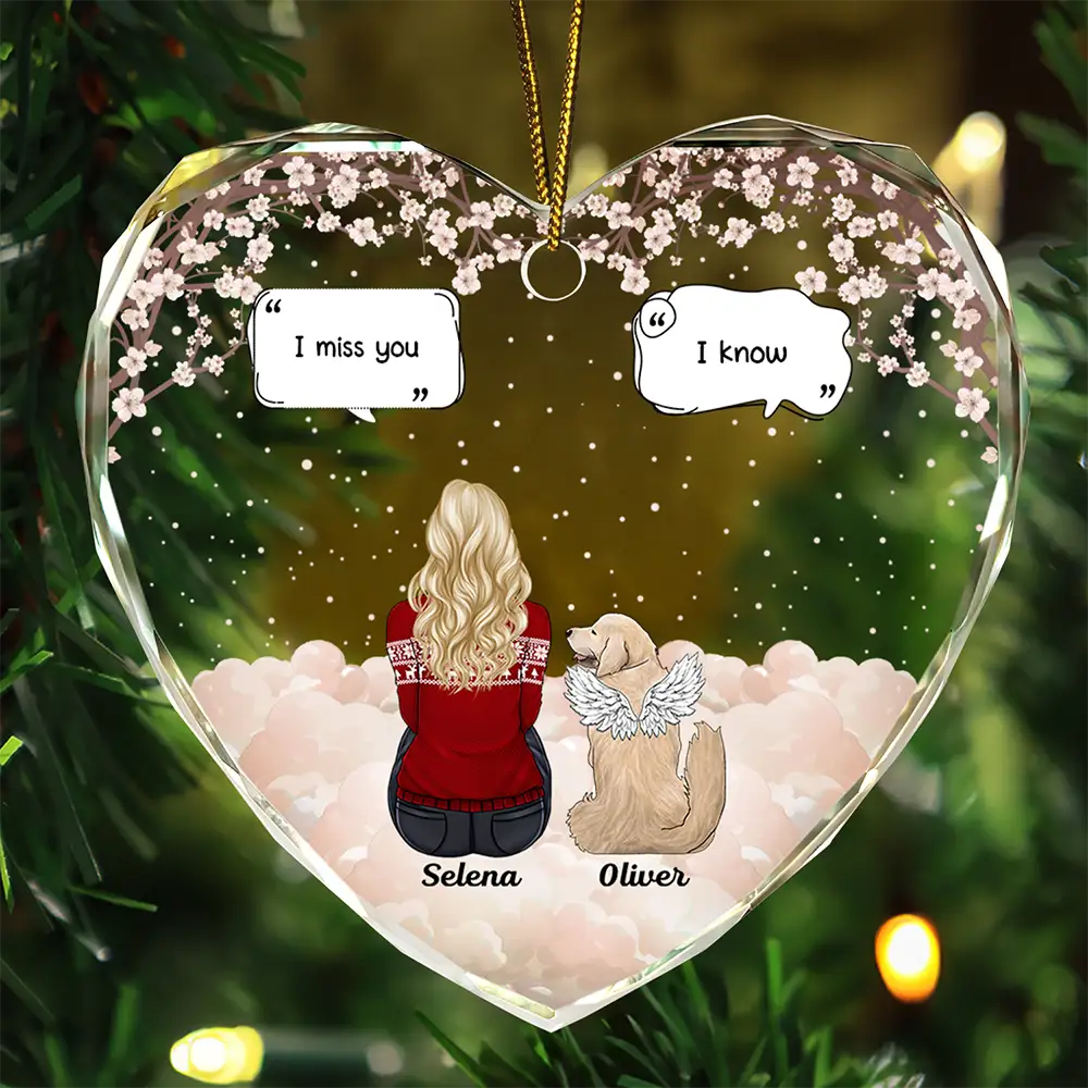 Christmas,Memorial,Pet Lovers,Dog Lovers,Cat Lovers,Sad - Memorial I Miss You I Know - Personalized Heart Shaped Glass Ornament