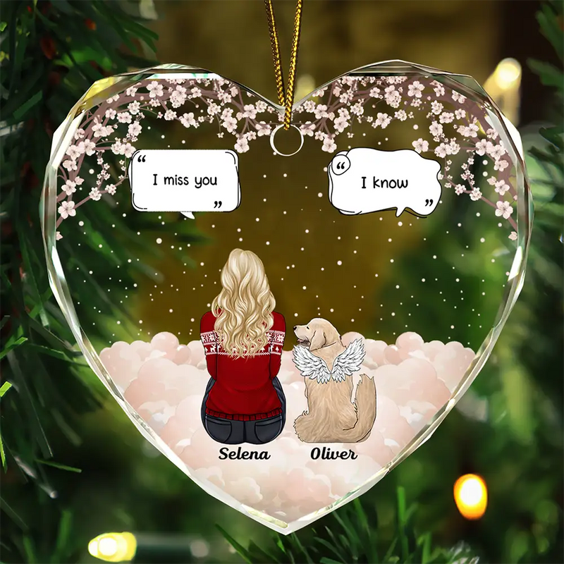 Christmas,Memorial,Pet Lovers,Dog Lovers,Cat Lovers,Sad - Memorial I Miss You I Know - Personalized Heart Shaped Glass Ornament