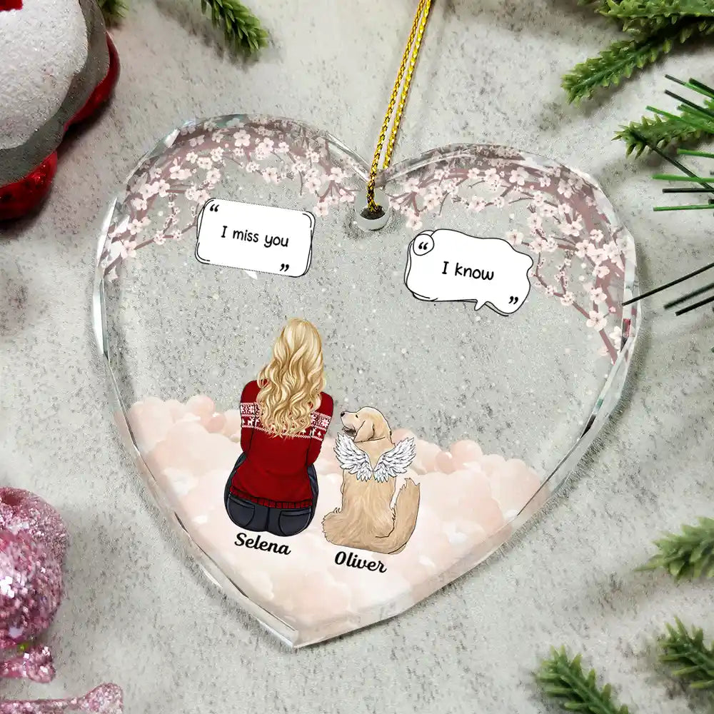 Christmas,Memorial,Pet Lovers,Dog Lovers,Cat Lovers,Sad - Memorial I Miss You I Know - Personalized Heart Shaped Glass Ornament