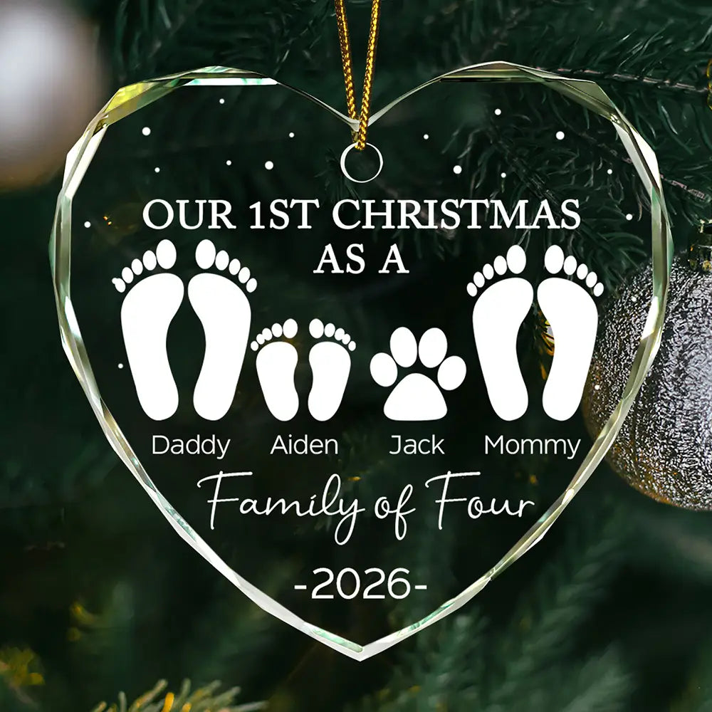 Premier Noël en famille de quatre empreintes de pas - Décoration en verre personnalisée en forme de cœur 