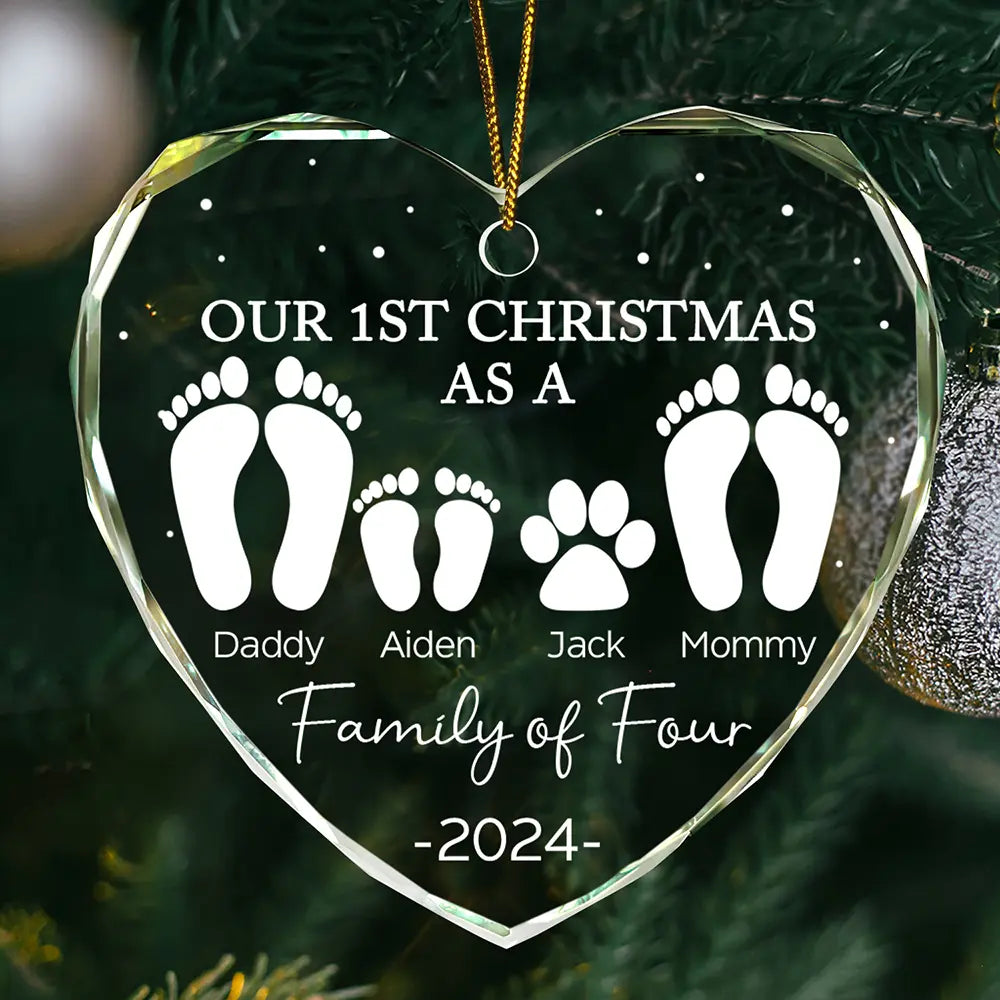 Christmas,Happy,Family,Parents,Gift For Sibling - First Christmas As A Family Of Four Footprints - Personalized Heart Shaped Glass Ornament