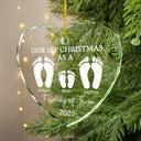 Christmas,Happy,Family,Parents,Gift For Sibling - First Christmas As A Family Of Four Footprints - Personalized Heart Shaped Glass Ornament