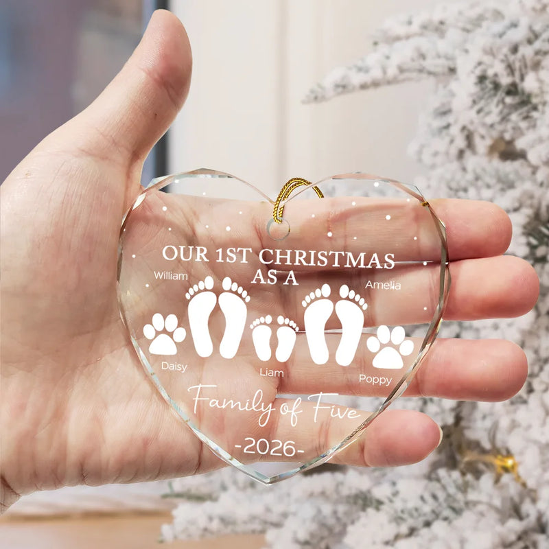 First Christmas As A Family Of Four Footprints - Personalized Heart Shaped Glass Ornament