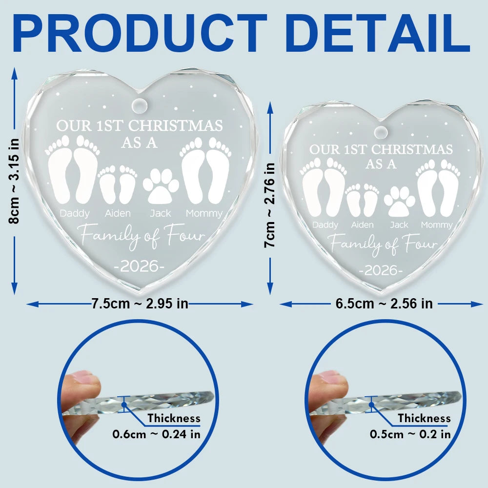 First Christmas As A Family Of Four Footprints - Personalized Heart Shaped Glass Ornament