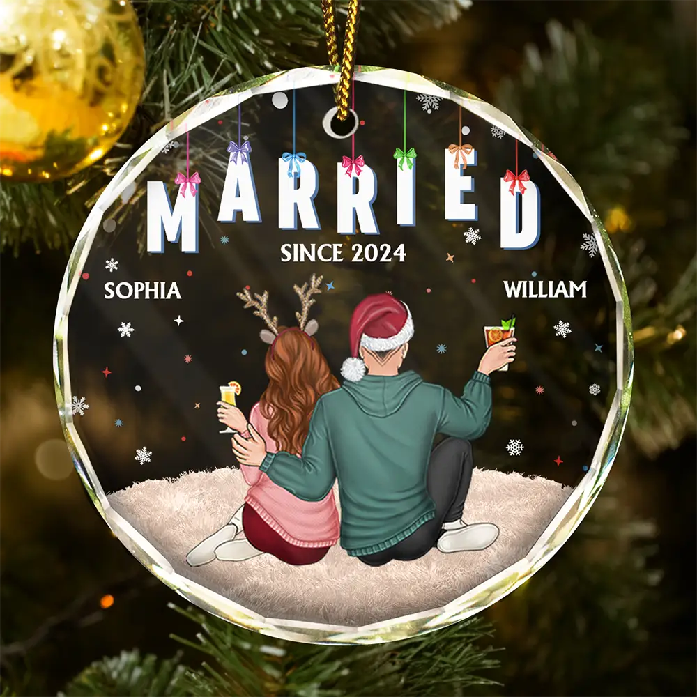 Couples Together Engaged Married - Personalized Circle Glass Ornament
