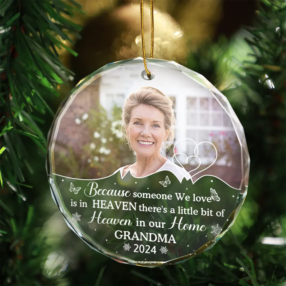 Gift For Grandparents - Custom Photo Memorial Because Someone We Love Is In Heaven - Personalized Circle Glass Ornament