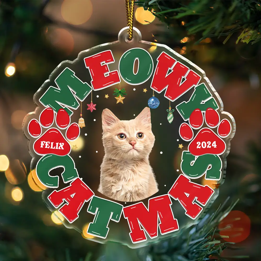 Pet Lovers, Cat Lovers, Dog Lovers - Custom Photo Meowy Catmas Merry Woofmas - Personalized Custom Shaped Acrylic Ornament