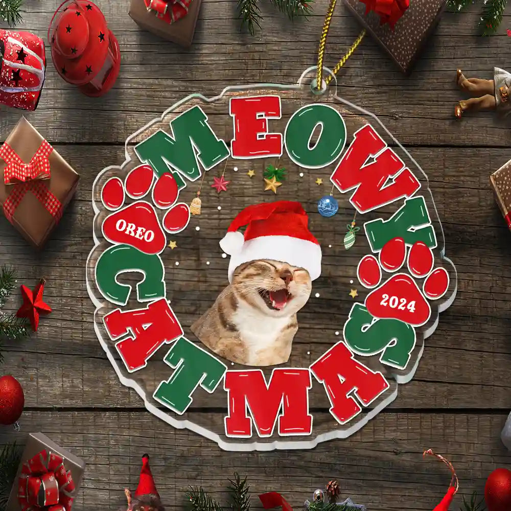 Pet Lovers, Cat Lovers, Dog Lovers - Custom Photo Meowy Catmas Merry Woofmas - Personalized Custom Shaped Acrylic Ornament