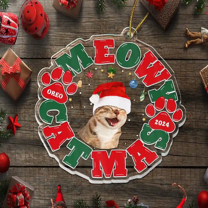 Pet Lovers, Cat Lovers, Dog Lovers - Custom Photo Meowy Catmas Merry Woofmas - Personalized Custom Shaped Acrylic Ornament