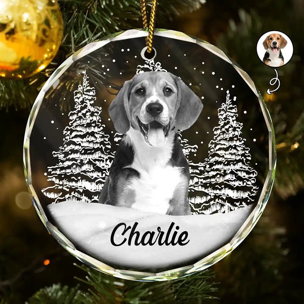 Custom Photo Grayscale Dog Face Pet Memorial - Personalized Circle Glass Ornament