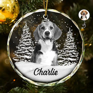 Christmas,Custom Photo,Pet Lovers - Custom Photo Grayscale Dog Face Pet Memorial - Personalized Circle Glass Ornament