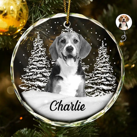 Ornement commémoratif personnalisé en verre avec photo de chien en niveaux de gris 