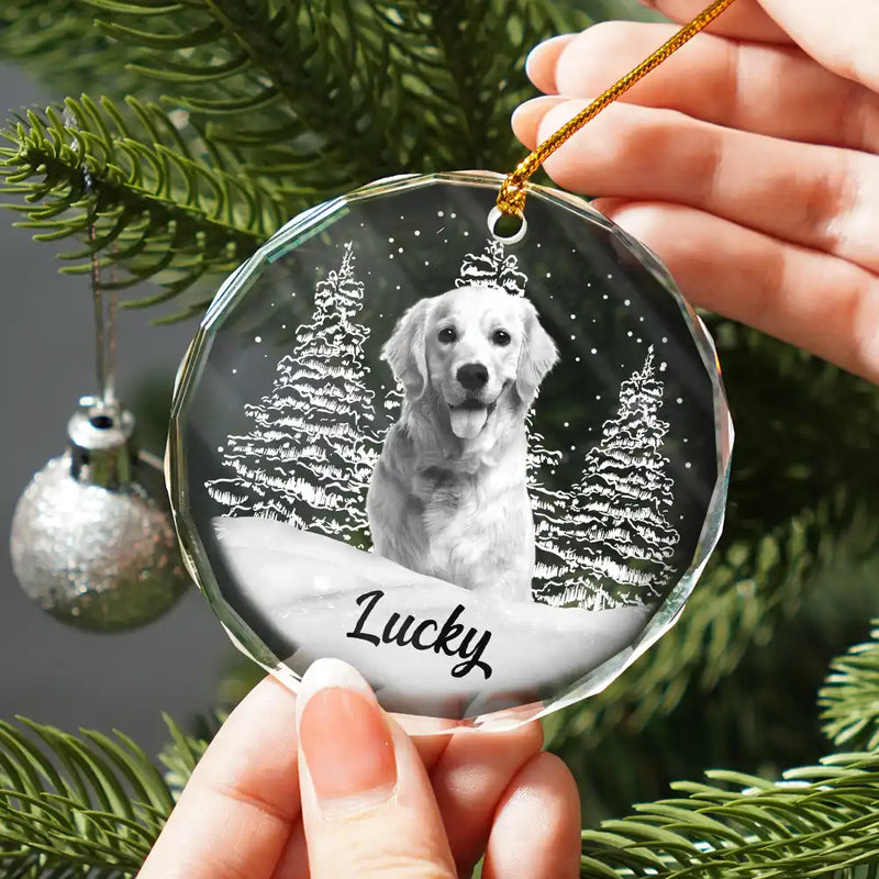 Christmas,Custom Photo,Pet Lovers - Custom Photo Grayscale Dog Face Pet Memorial - Personalized Circle Glass Ornament