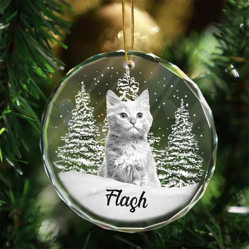 Christmas,Custom Photo,Pet Lovers - Custom Photo Grayscale Dog Face Pet Memorial - Personalized Circle Glass Ornament