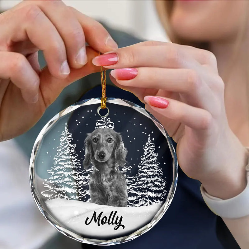 Christmas,Custom Photo,Pet Lovers - Custom Photo Grayscale Dog Face Pet Memorial - Personalized Circle Glass Ornament