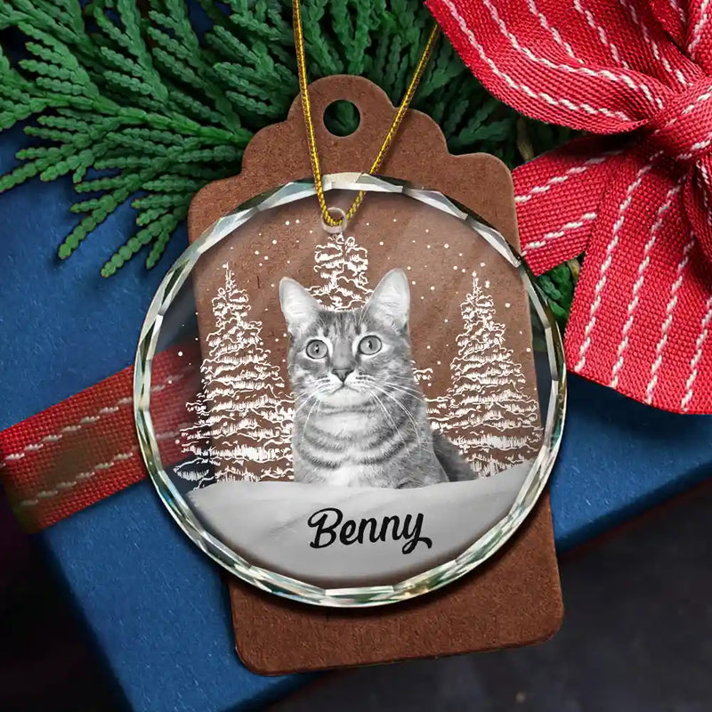 Christmas,Custom Photo,Pet Lovers - Custom Photo Grayscale Dog Face Pet Memorial - Personalized Circle Glass Ornament