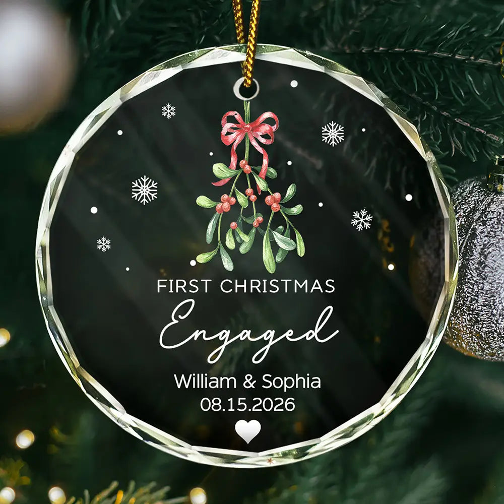 Mistletoe Our First Christmas Engaged - Personalized Circle Glass Ornament