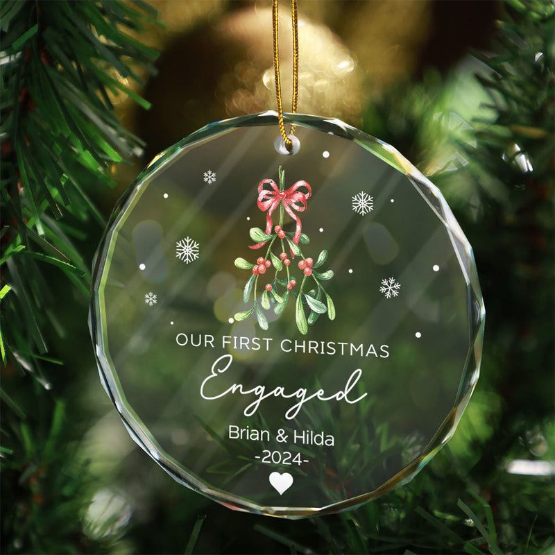 Mistletoe Our First Christmas Engaged - Personalized Circle Glass Ornament