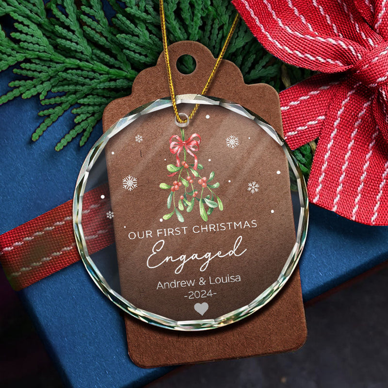 Mistletoe Our First Christmas Engaged - Personalized Circle Glass Ornament