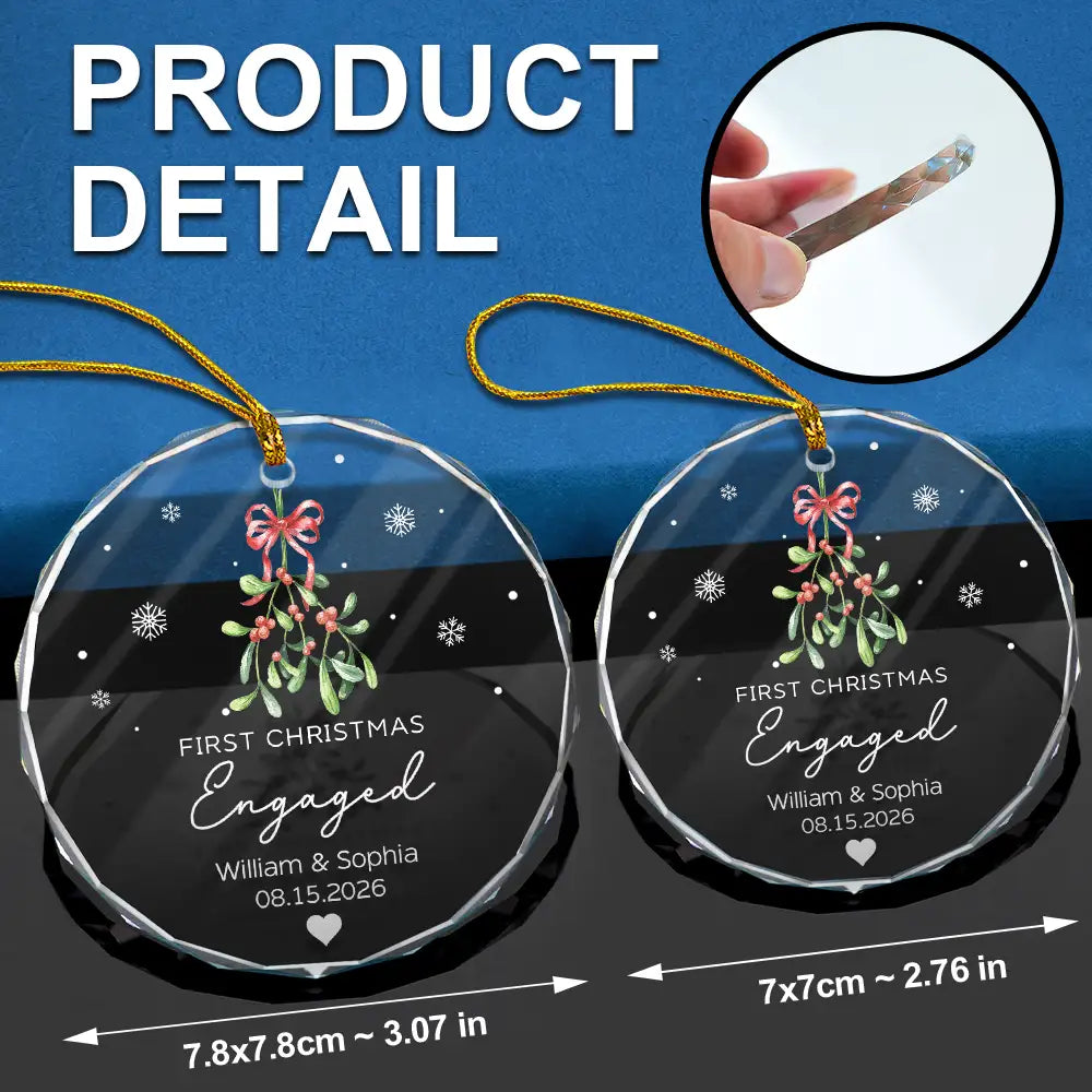 Mistletoe Our First Christmas Engaged - Personalized Circle Glass Ornament