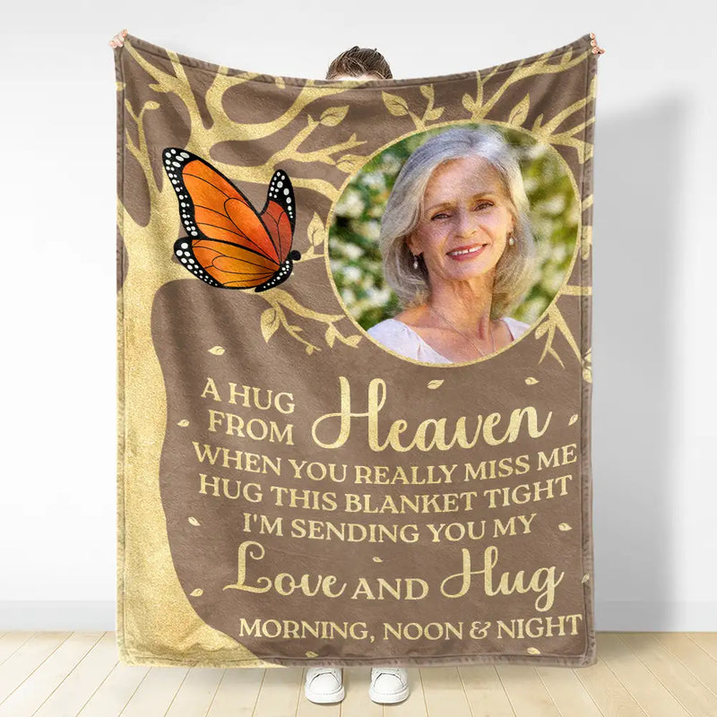 Sad,Family,Parents,Gift For Grandparents,Gift For Sibling,Memorial - Custom Photo A Hug From Heaven Memorial - Personalized Fleece Blanket, Sherpa Blanket