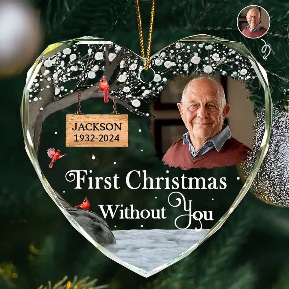 Christmas,Memorial,Family,Sad - Custom Photo Memorial First Christmas Without You - Personalized Heart Shaped Glass Ornament