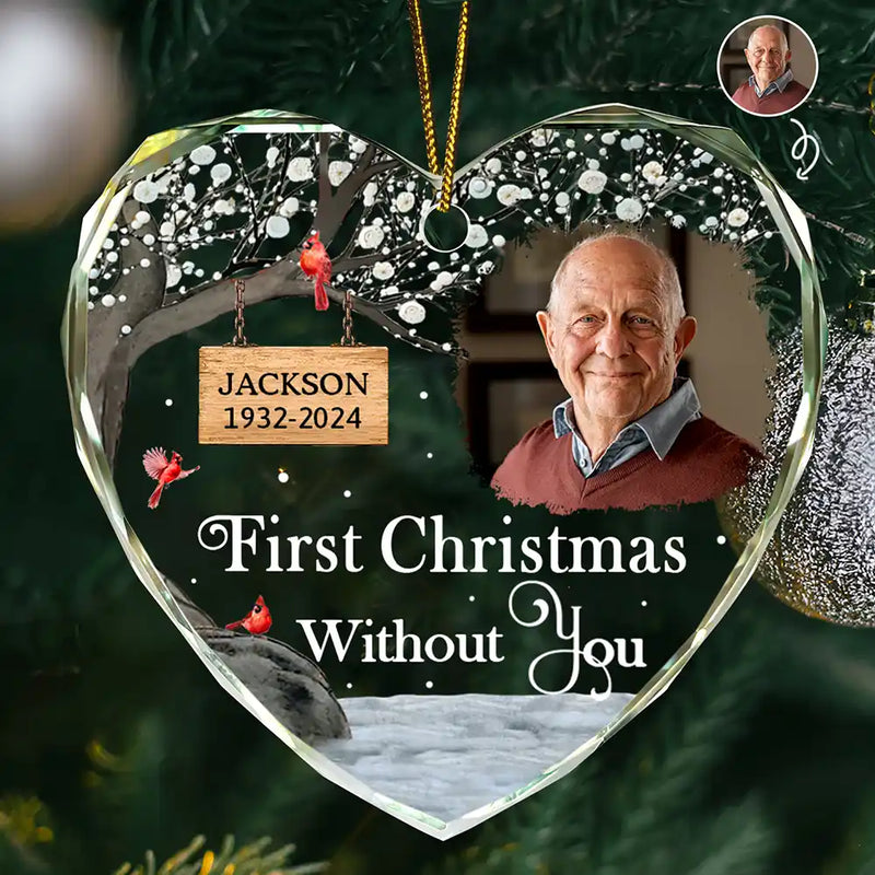 Christmas,Memorial,Family,Sad - Custom Photo Memorial First Christmas Without You - Personalized Heart Shaped Glass Ornament