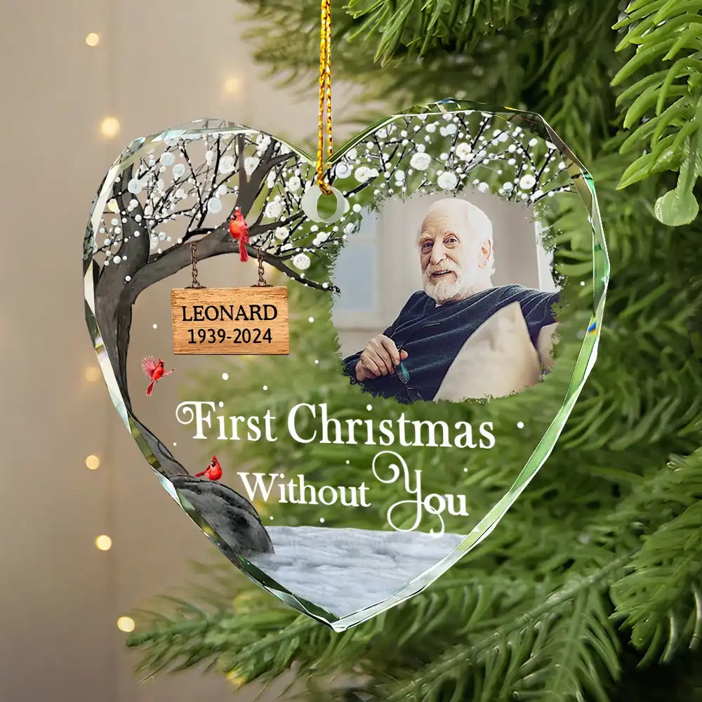 Christmas,Memorial,Family,Sad - Custom Photo Memorial First Christmas Without You - Personalized Heart Shaped Glass Ornament
