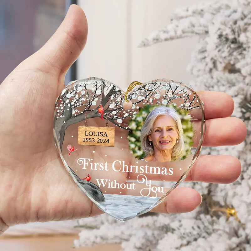 Christmas,Memorial,Family,Sad - Custom Photo Memorial First Christmas Without You - Personalized Heart Shaped Glass Ornament