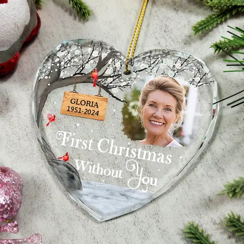 Christmas,Memorial,Family,Sad - Custom Photo Memorial First Christmas Without You - Personalized Heart Shaped Glass Ornament