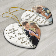Custom Photo First Christmas Married - Personalized Heart Ceramic Ornament