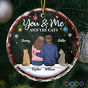 Gift For Couples, Cat Lovers, Pet Lovers, Cat Couple - You & Me & The Cat Christmas Couple - Personalized Circle Glass Ornament