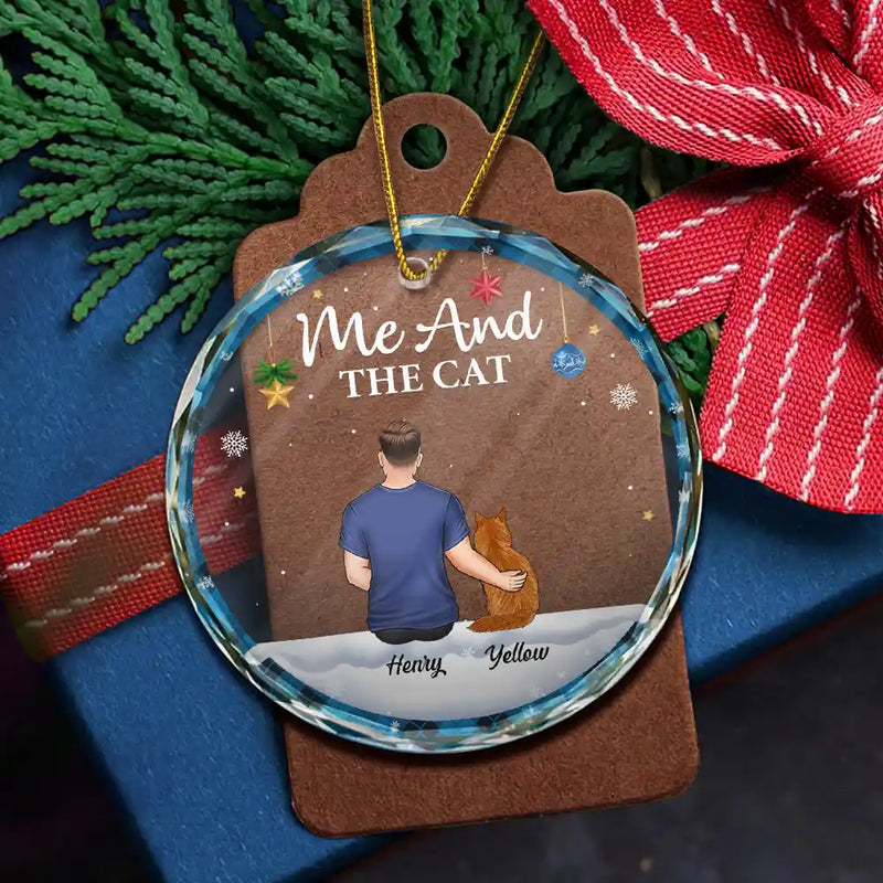 Gift For Couples, Cat Lovers, Pet Lovers, Cat Couple - You & Me & The Cat Christmas Couple - Personalized Circle Glass Ornament