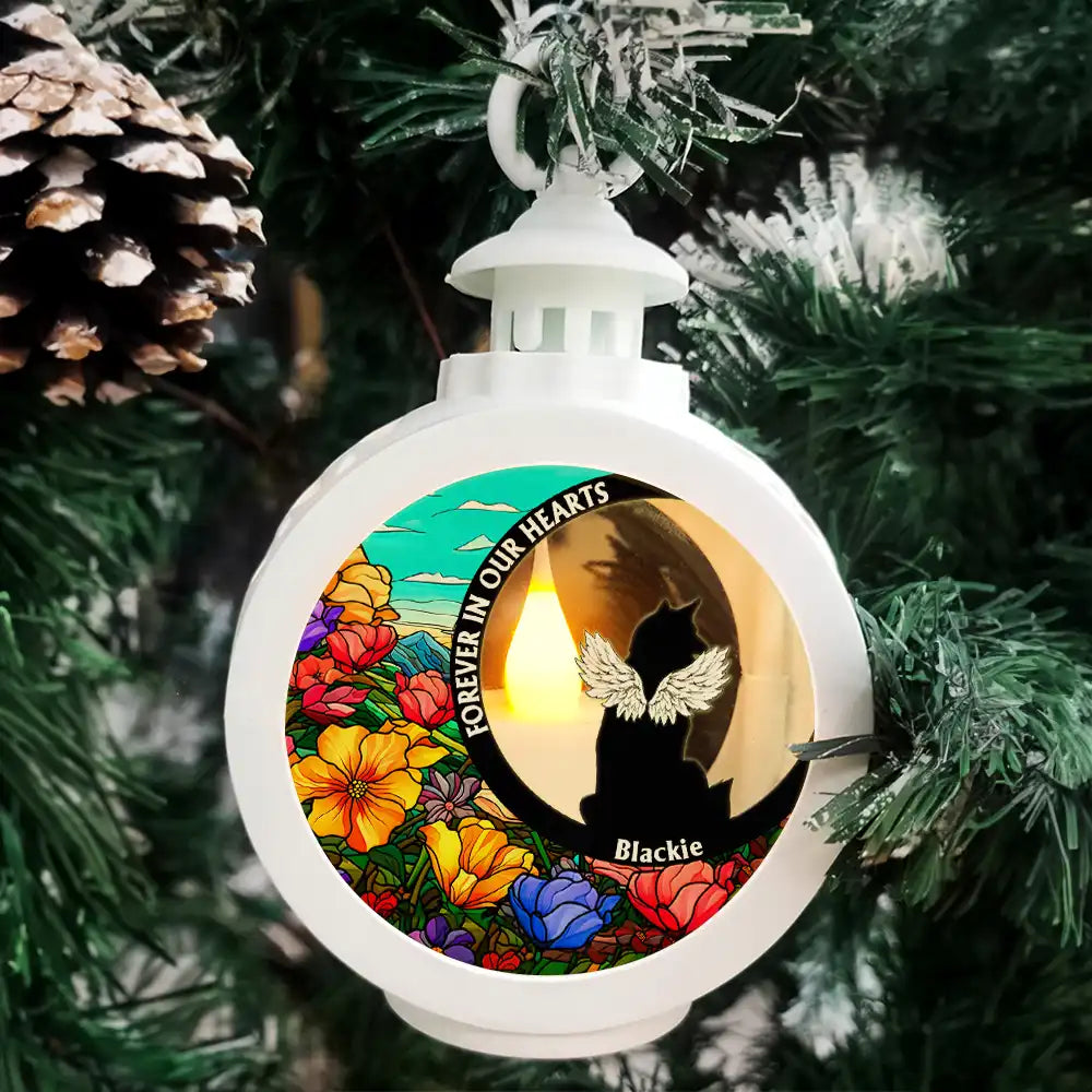 Christmas,Memorial,Sad,Pet Lovers,Dog Lovers,Cat Lovers - In Loving Memory Black Dogs Cats Memorial - Personalized Candlelight Lantern Ornament