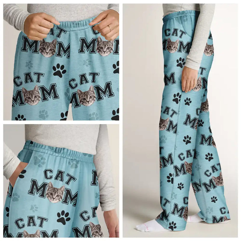 Pet Lovers,Dog Lovers,Cat Lovers,Pet Mom,Pet Dad - Custom Photo Pet Mom Dad Pawprints Pattern - Personalized Pajama Pants