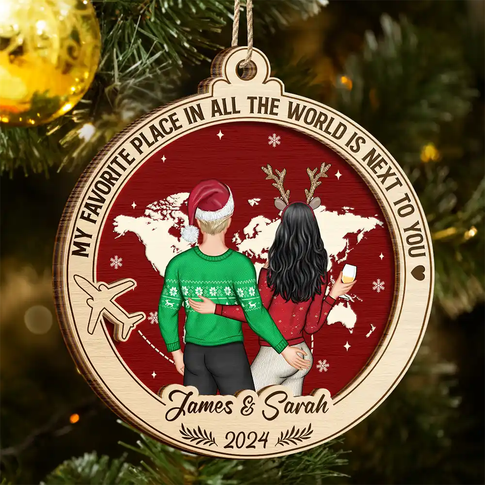 My Favorite Place Is Next To You World Map - Personalized 2-Layered Wooden Ornament