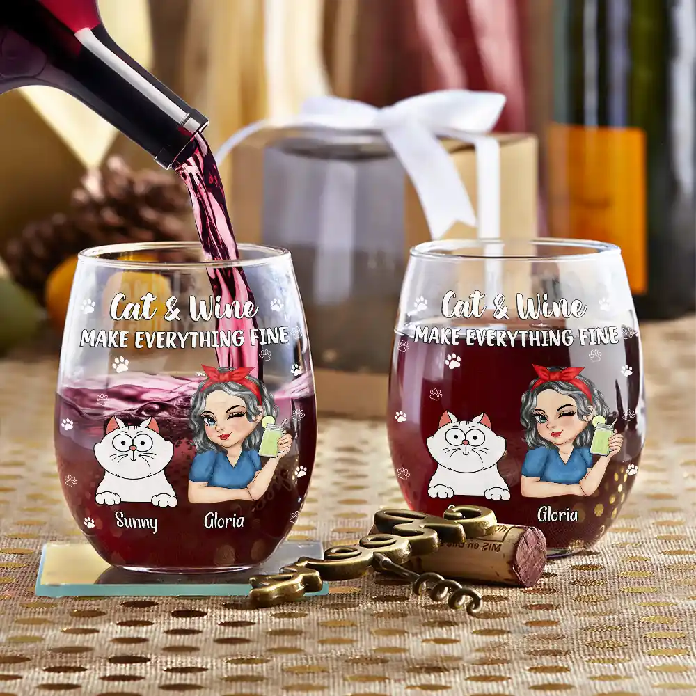 Gift For Yourself,Happy,Dog Lovers,Dog Mom - Dogs And Wine Make Everything Fine - Personalized Stemless Wine Glass