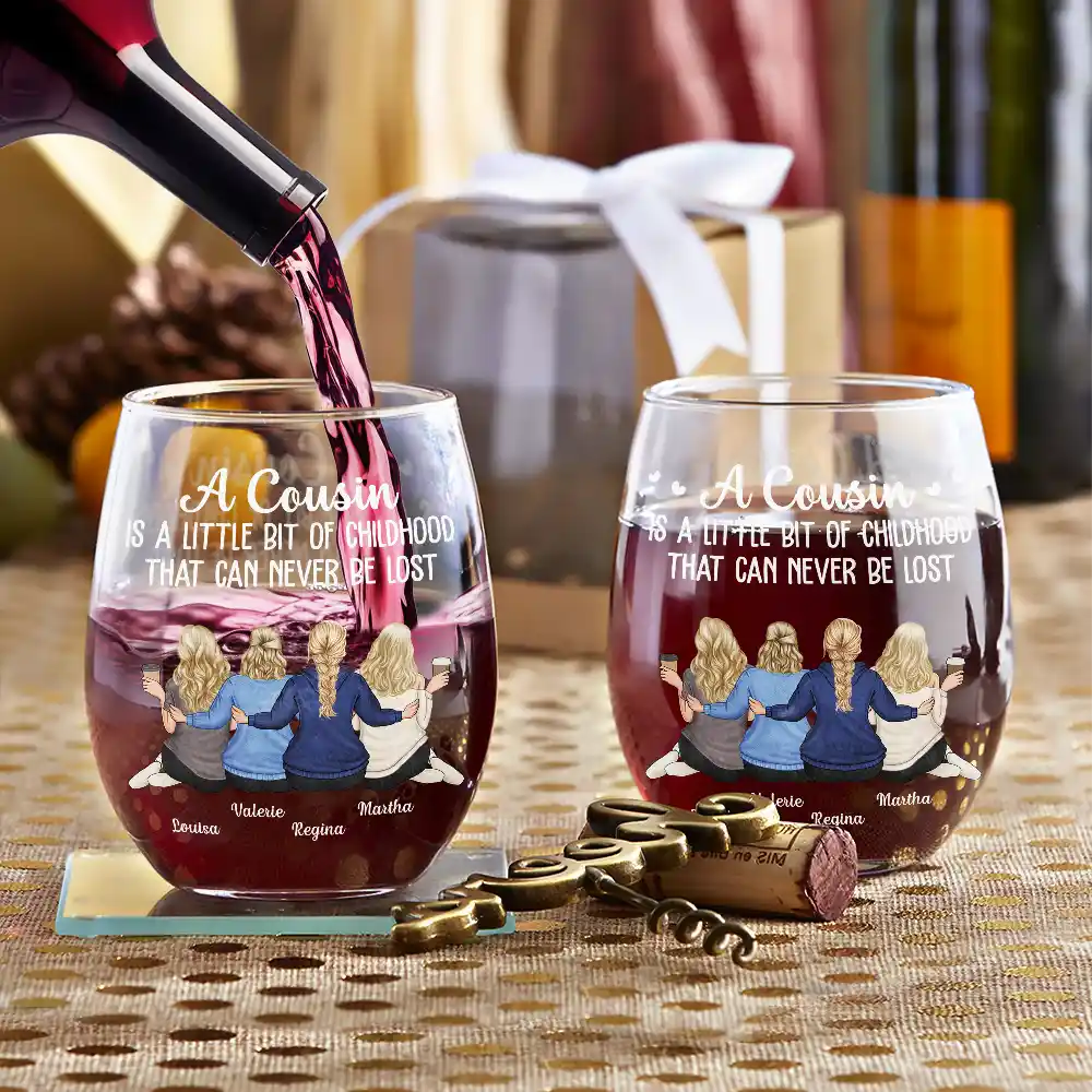 Gift For Sibling, Gift For Brothers, Gift For Sisters, Family - A Cousin Is A Little Bit Of Childhood - Personalized Stemless Wine Glass