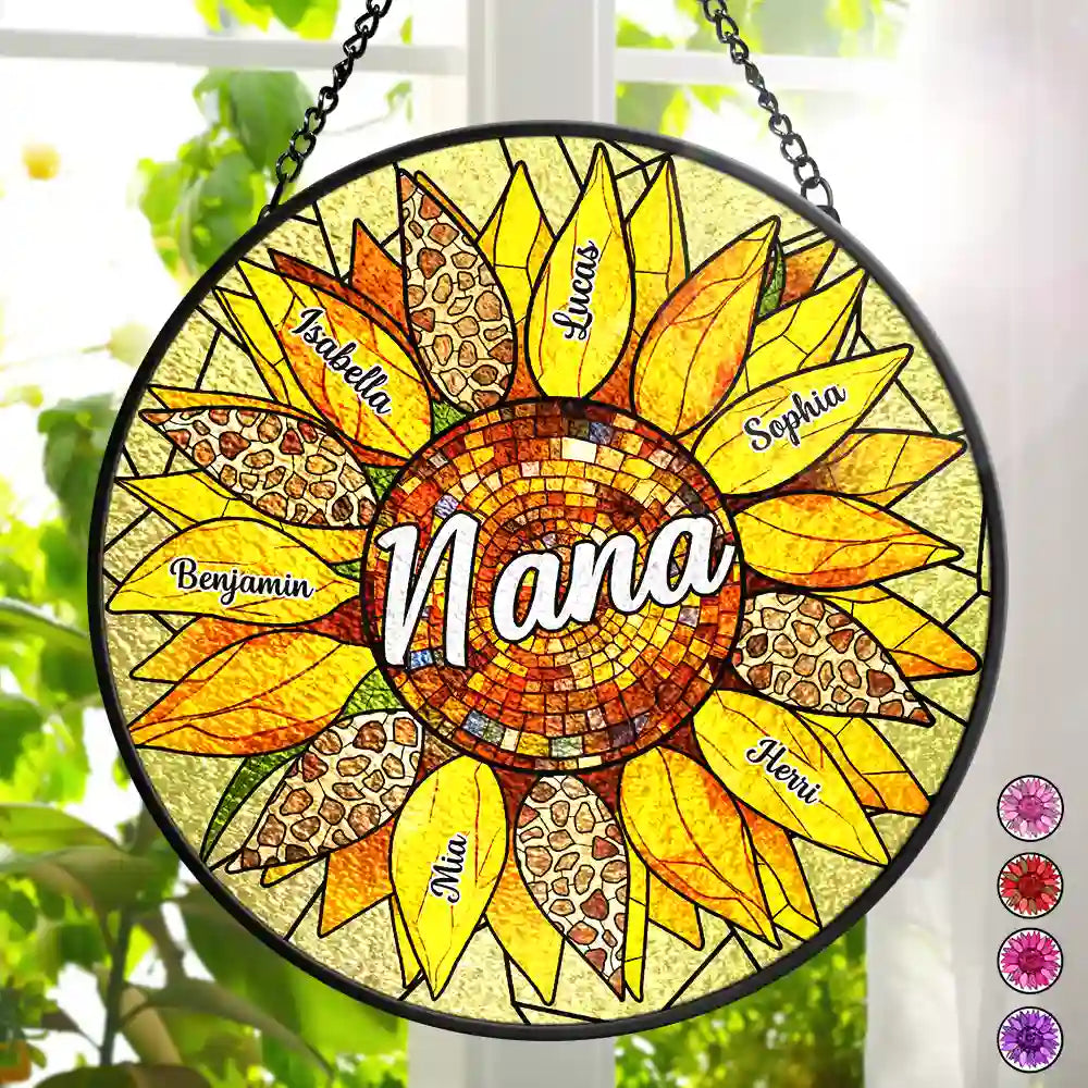 Happy,Gift For Grandma,Gift For Mother,Gift For Women,Gift For Wife - Nana Auntie Mom Family Sunflower - Personalized Stained Glass Window Hanging Suncatcher
