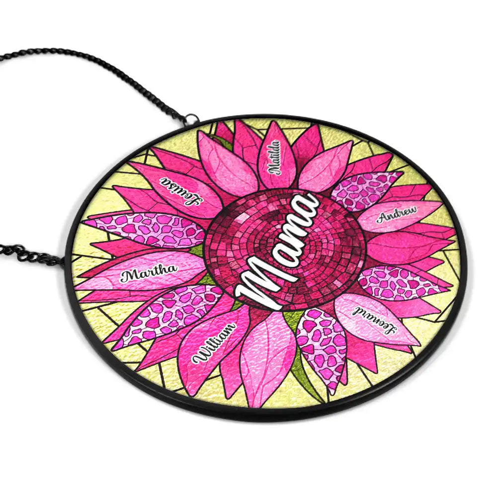 Happy,Gift For Grandma,Gift For Mother,Gift For Women,Gift For Wife - Nana Auntie Mom Family Sunflower - Personalized Stained Glass Window Hanging Suncatcher