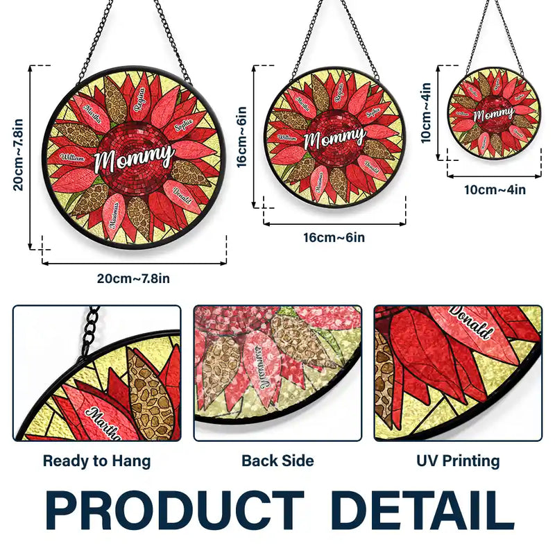Happy,Gift For Grandma,Gift For Mother,Gift For Women,Gift For Wife - Nana Auntie Mom Family Sunflower - Personalized Stained Glass Window Hanging Suncatcher