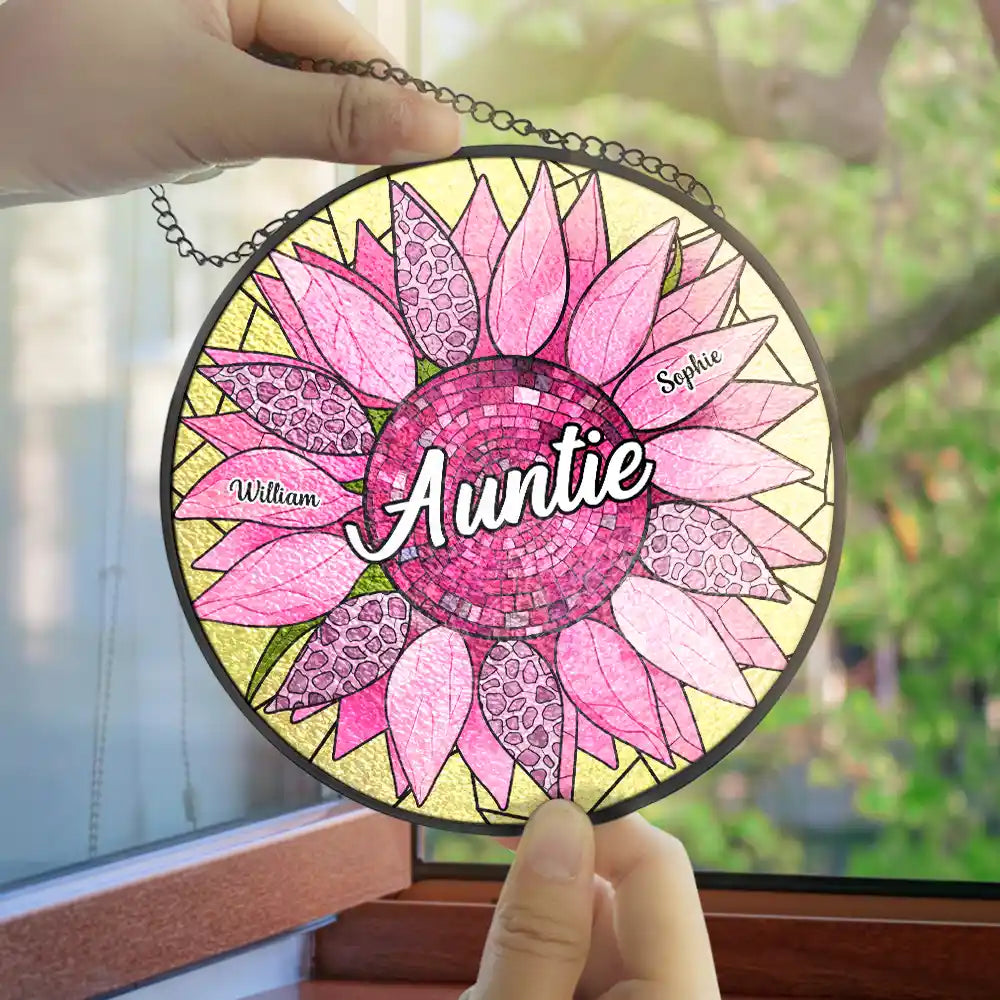 Happy,Gift For Grandma,Gift For Mother,Gift For Women,Gift For Wife - Nana Auntie Mom Family Sunflower - Personalized Stained Glass Window Hanging Suncatcher