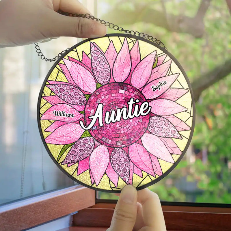 Happy,Gift For Grandma,Gift For Mother,Gift For Women,Gift For Wife - Nana Auntie Mom Family Sunflower - Personalized Stained Glass Window Hanging Suncatcher