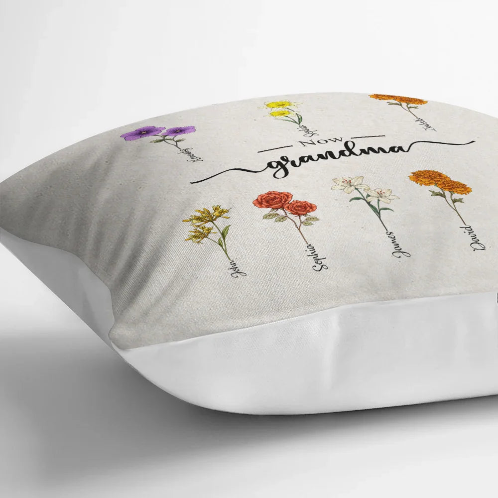 Gift For Grandma, Gift For Women, Gift For Mother - First Mom Now Grandma Birth Flowers - Personalized Pillow
