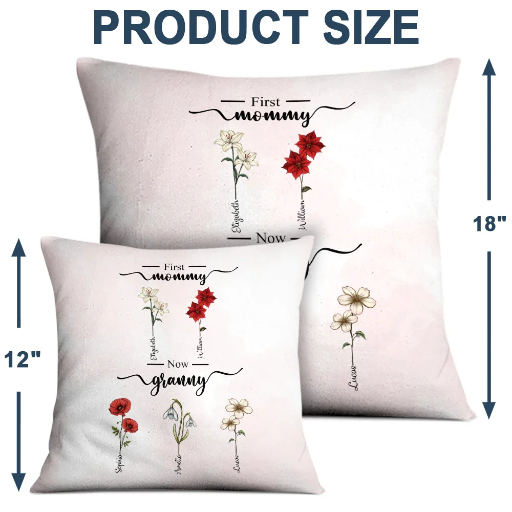Gift For Grandma, Gift For Women, Gift For Mother - First Mom Now Grandma Birth Flowers - Personalized Pillow

