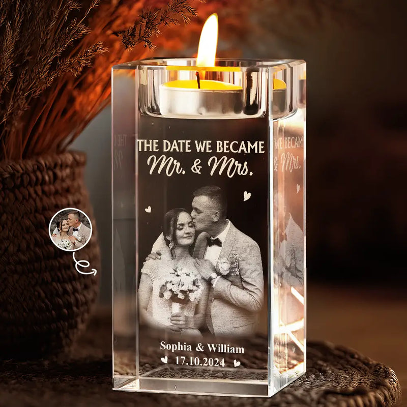 Gift For Couples,Gift For Husband,Gift For Wife,Gift For Boyfriend,Gift For Girlfriend,Love,Wedding - Custom Photo The Date We Became Mr. & Mrs. - Personalized Crystal Candle Holder