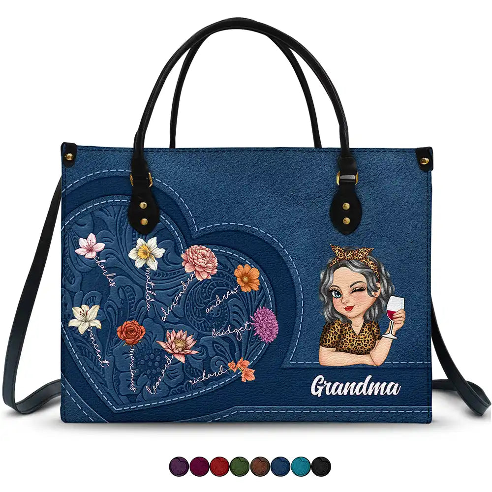Grandma Birth Month Flowers Kids - Personalized Leather Bag