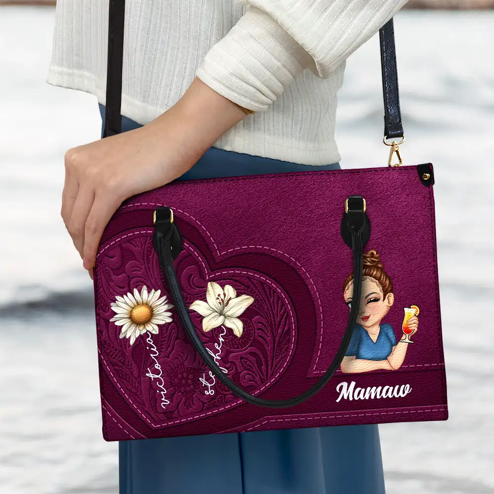 Gift For Grandma,Gift For Mother,Love - Grandma Birth Month Flowers Kids - Personalized Leather Bag